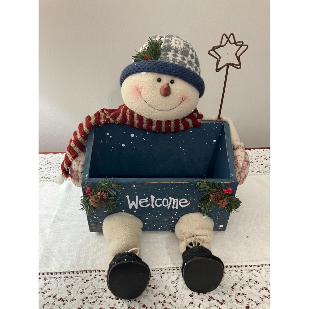 Vintage Snowman Welcome Box with Dangling Legs, Rustic Christmas Decor